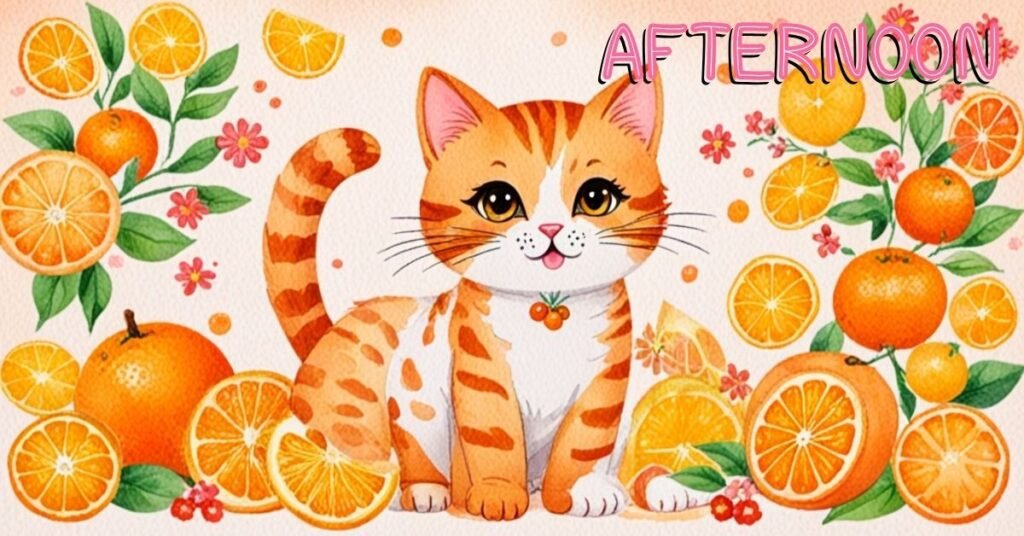 Cat-Orange-Slices-And-Flowers fit for afternoon